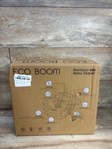 Front view of Eco Boom Bamboo diapers box Size 2, 102ct showing diaper diagram and feature icons on wood background