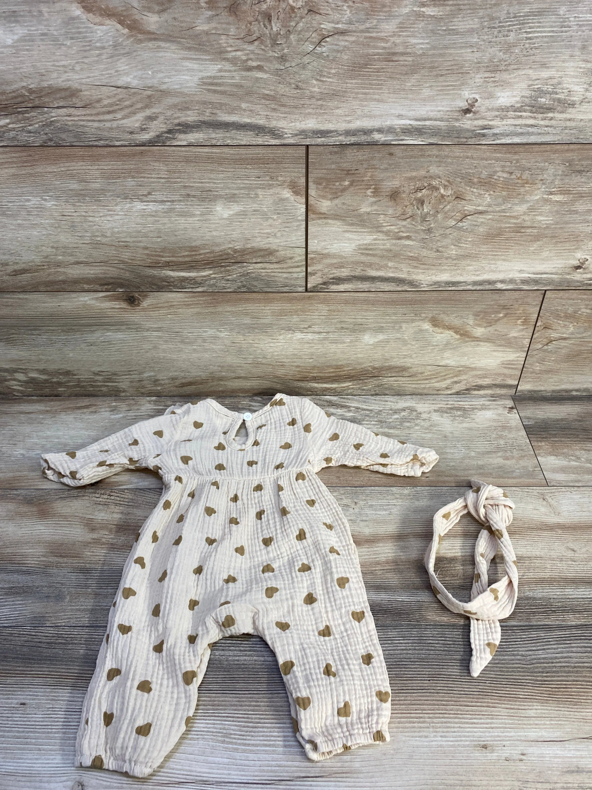 Shein 2pc Gauze Jumpsuit & Headband Set Beige sz 3-6m