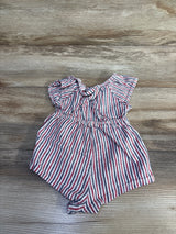 Top-down view of red, white, and navy striped Old Navy linen-blend baby romper with flutter sleeves and elastic waist on wood background