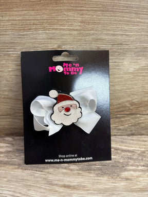 White ribbon bow with glitter Santa face, festive kids hair accessory for holiday outfits