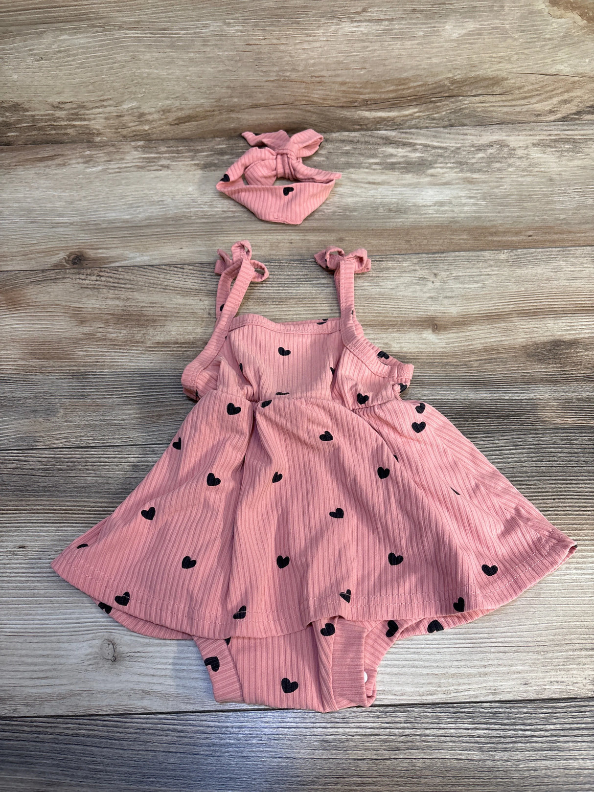 Shein 2pc Ribbed Heart Print Bodysuit Dress & Head Piece Set Pink sz 6-9m