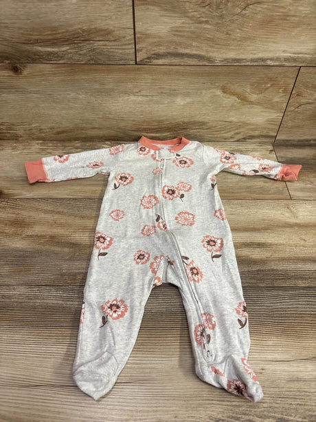 Grey Carter's baby sleeper with pink floral print and coral trim, size 6 months