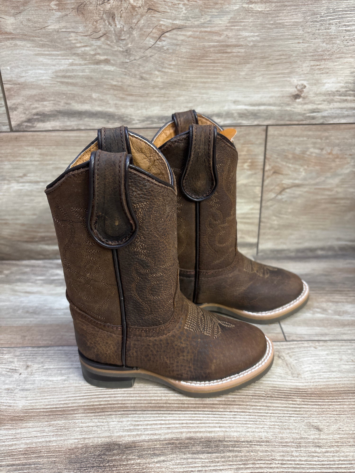 NEW Soto Boots Kids Round Toe Leather Western Boots Brown sz 8c