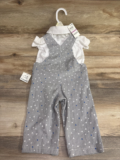 First Impressions 2pc baby set with white polo shirt and blue striped overalls, size 6-9 months