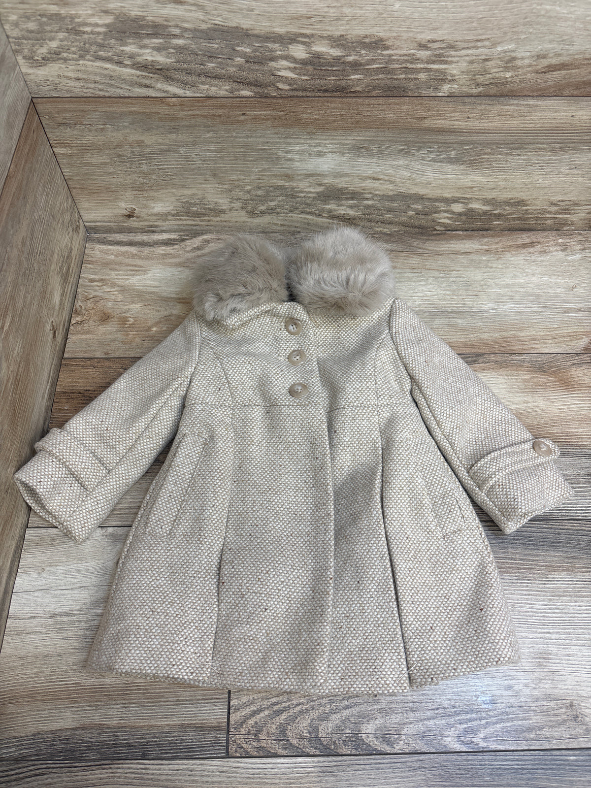 Edgehill Collection Faux-Fur Collar Tweed Pea Coat Cream Beige sz 12m