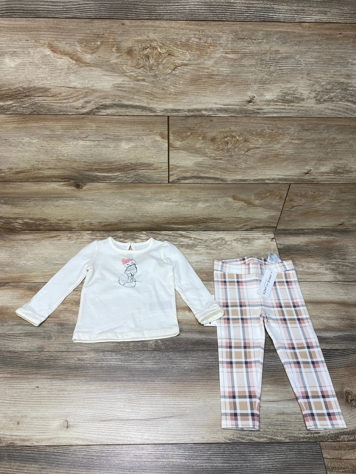 NEW Janie & Jack Cream and Sugar Winter Fox Tee & Plaid Ponte Pants sz 12-18m