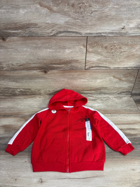 Red toddler hooded zip-up jacket with white sleeve stripes on wooden background