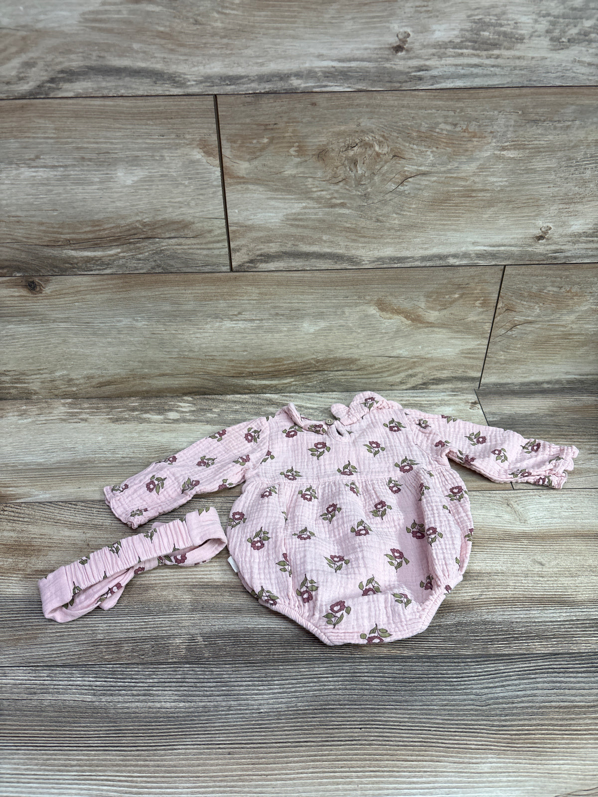 Rabbit + Bear Organic 2pc Gauze Romper & Headband Set Pink sz 6-9m