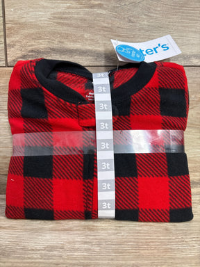 Folded red and black plaid toddler fleece pajama size 3T with black collar, tag attached