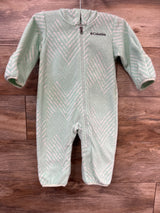 Front view of Columbia Snowtop II fleece bunting in teal, size 6-12 months, with full zipper and pink pattern on wood background