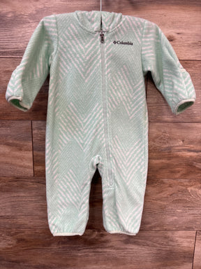 Front view of Columbia Snowtop II fleece bunting in teal, size 6-12 months, with full zipper and pink pattern on wood background