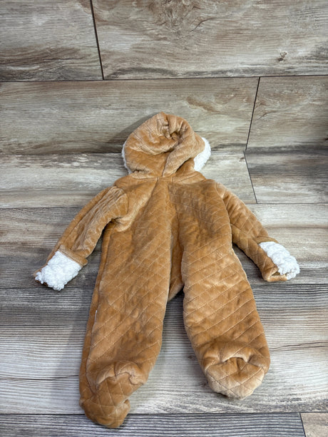Front view of Tahari baby sherpa lined hooded bunting in tan size 0 to 3 months with quilted fabric and sherpa cuffs
