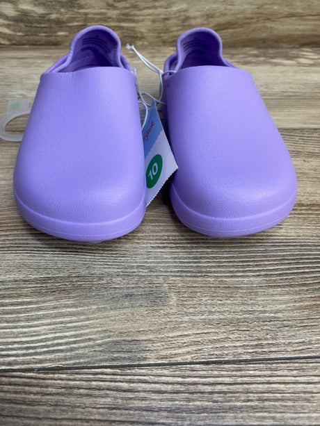 Front view of Cat and Jack purple toddler water shoes size 10C showing rounded toe and slip-on design on wood floor