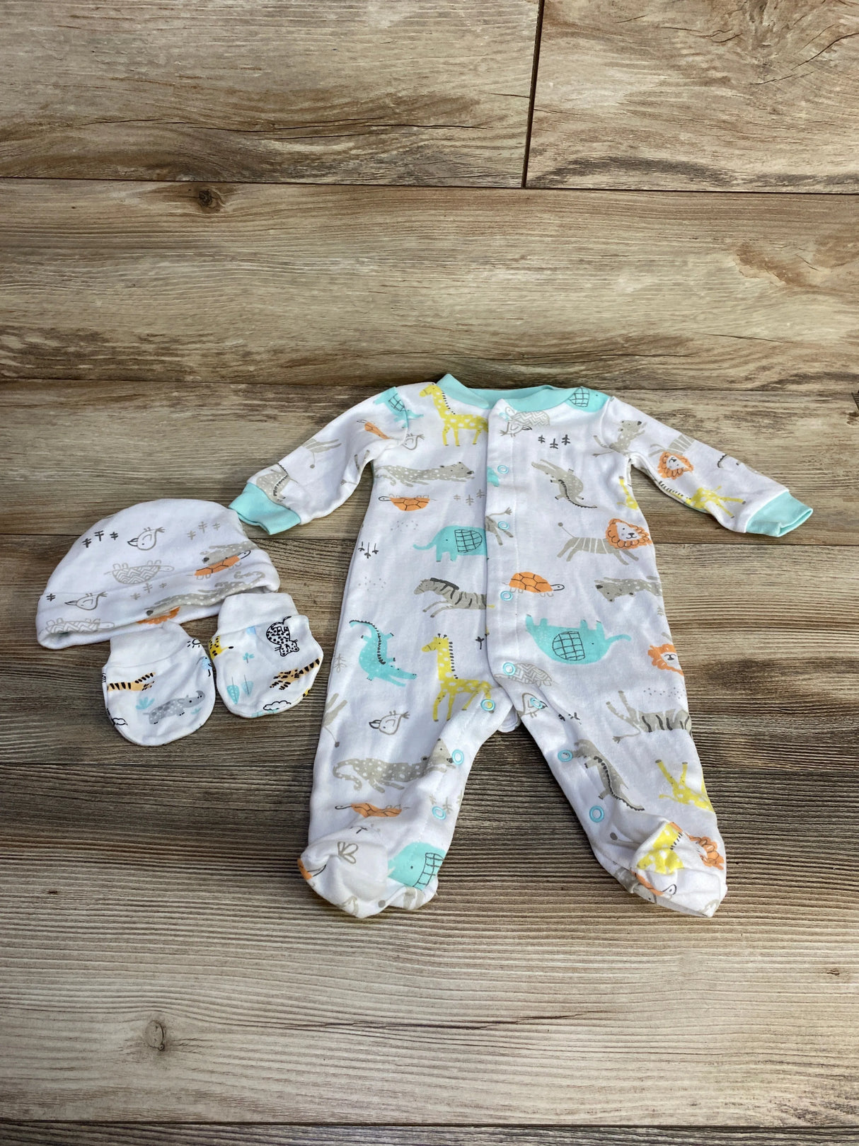 Mikey & Lottie 3pc Animal Print Sleeper + Hat + Mittens White sz 0-3m