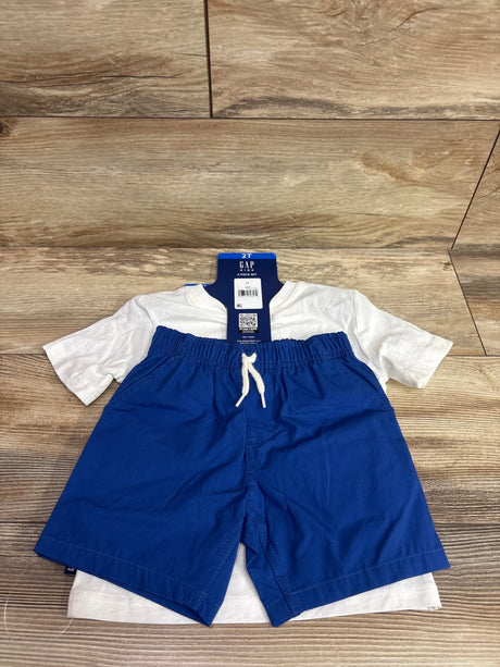 New Baby Gap 2-piece set featuring a white t-shirt and royal blue shorts, size 2T