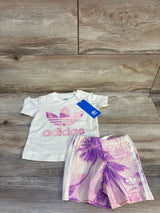Kids Adidas pink logo t-shirt and palm print shorts set for toddlers on wood floor