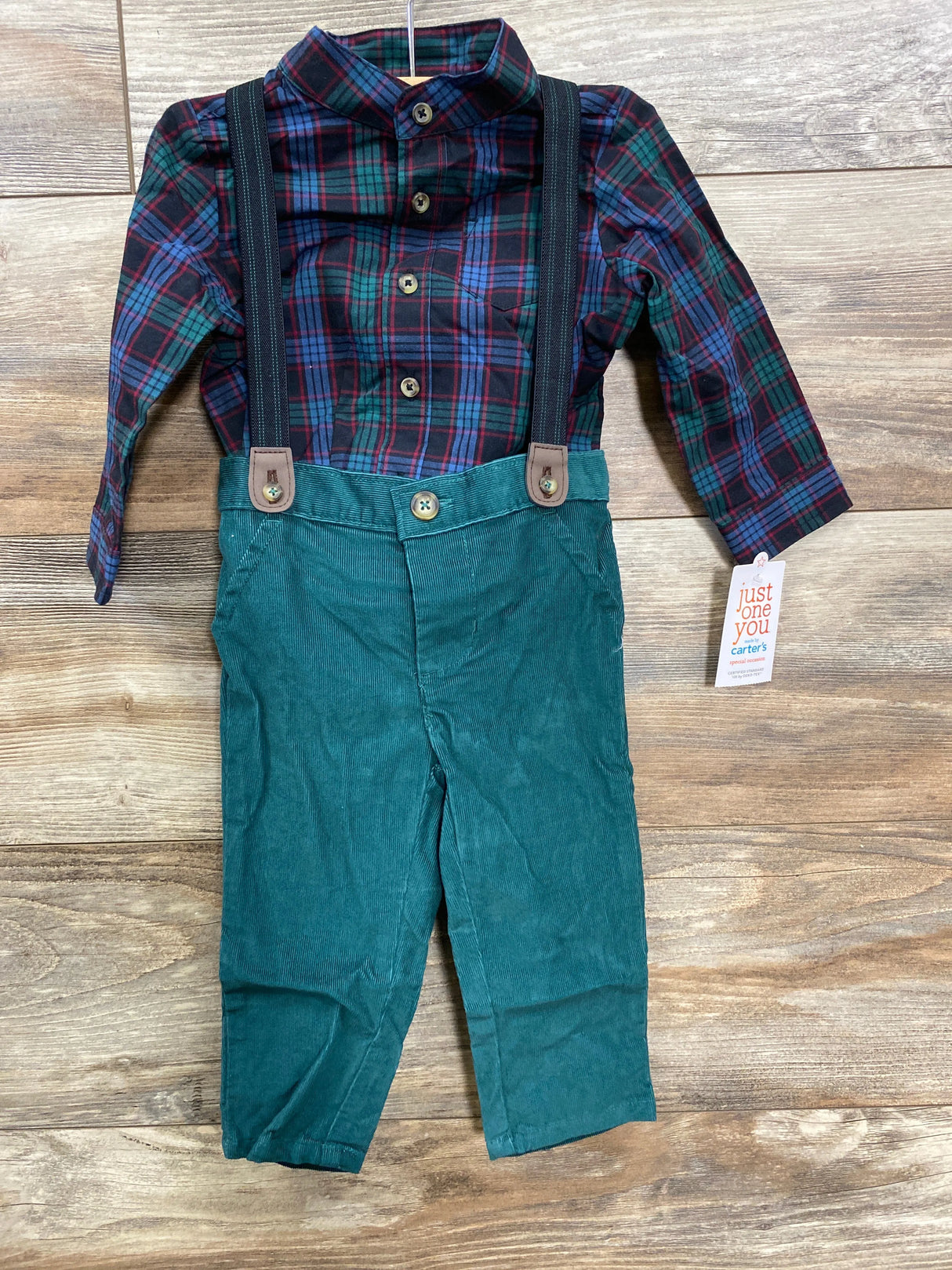 NEW Just One You Suspender Pants & Plaid Romper Green sz 12m