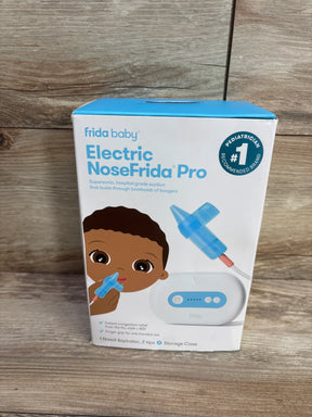 Front view of Frida Baby Electric NoseFrida Pro nasal aspirator showing blue tip and white control on wood background