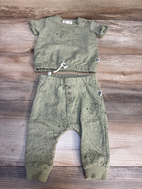 Green baby outfit set with jungle animal print, short sleeve top and pants on wood background