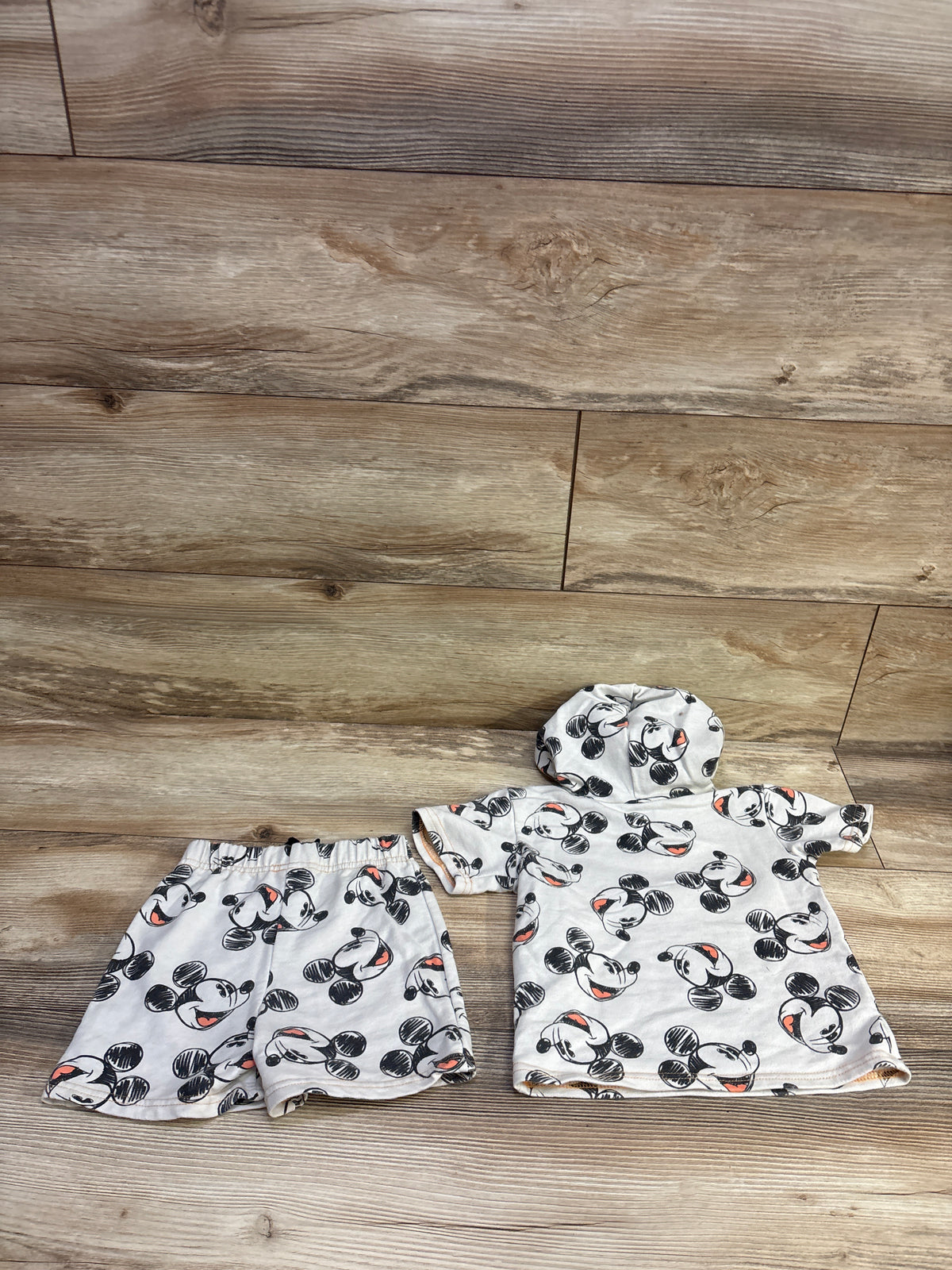 Disney Baby 2pc Mickey Mouse Hooded Shirt & Shorts Set Beige sz 24m
