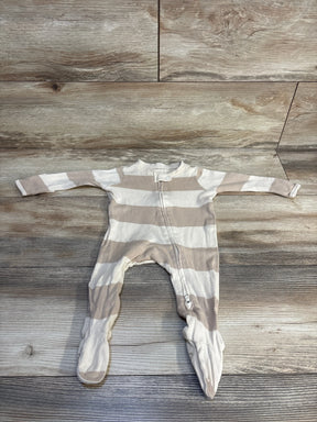 Striped baby footed onesie on wooden floor, soft cotton, cozy sleepwear for infants