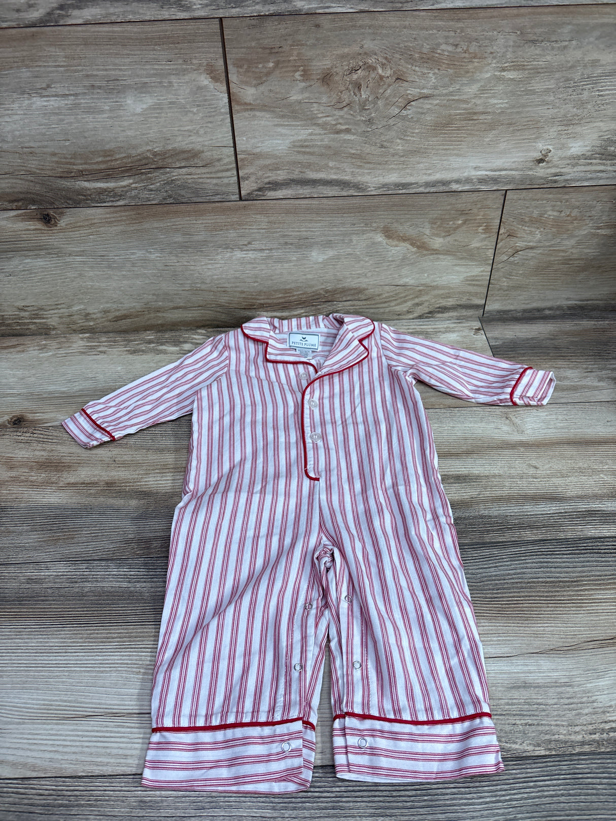 Petite Plume Antique Red Ticking Twill Classic Romper White sz 6/12m