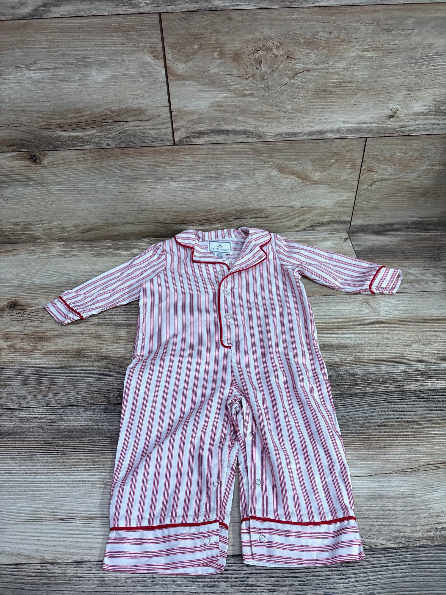Petite Plume Antique Red Ticking Twill Classic Romper White sz 6/12m