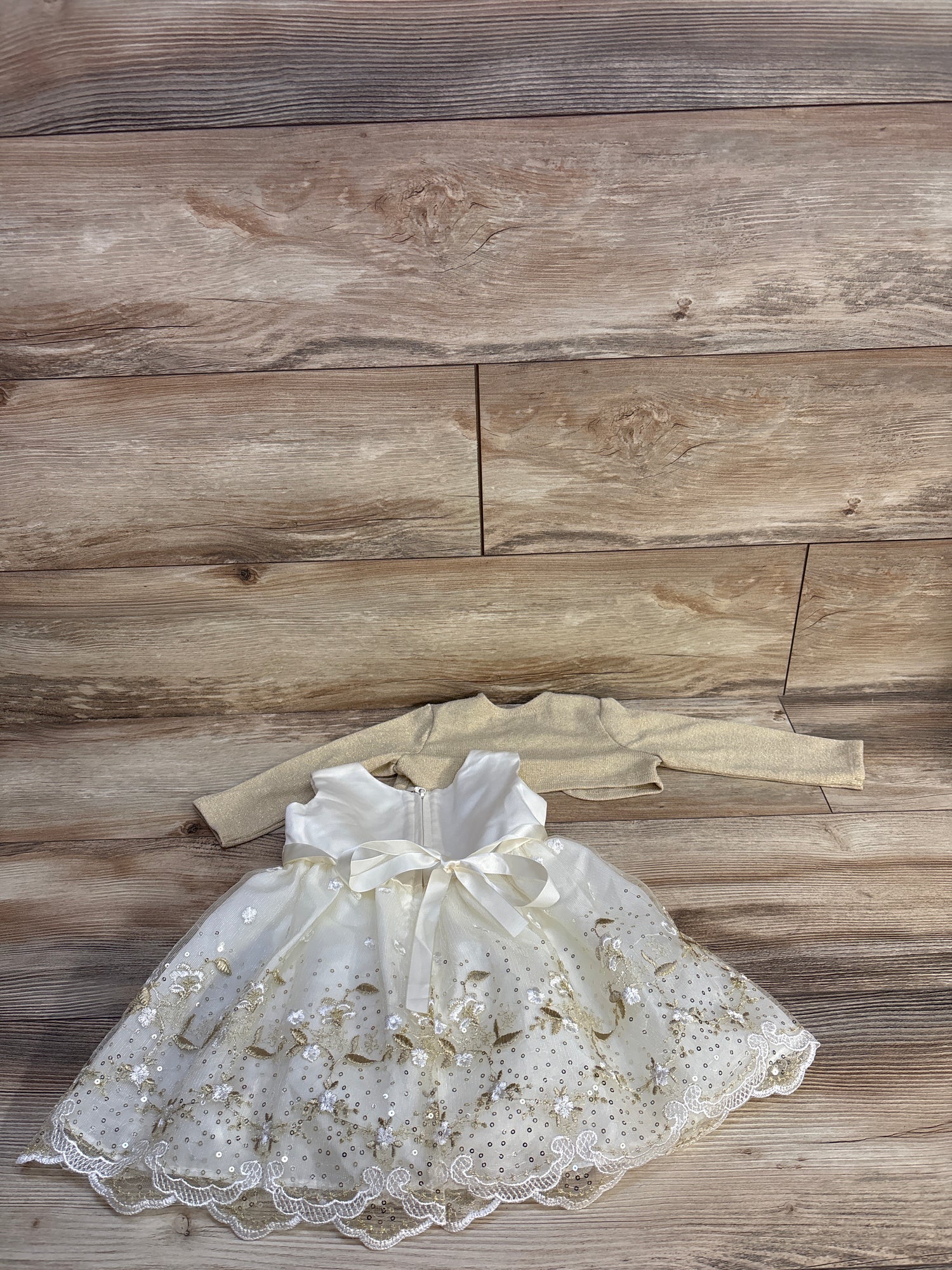 Katie M 2pc Sleeveless Embroidered Floral Dress & Gold Cardigan sz 12m