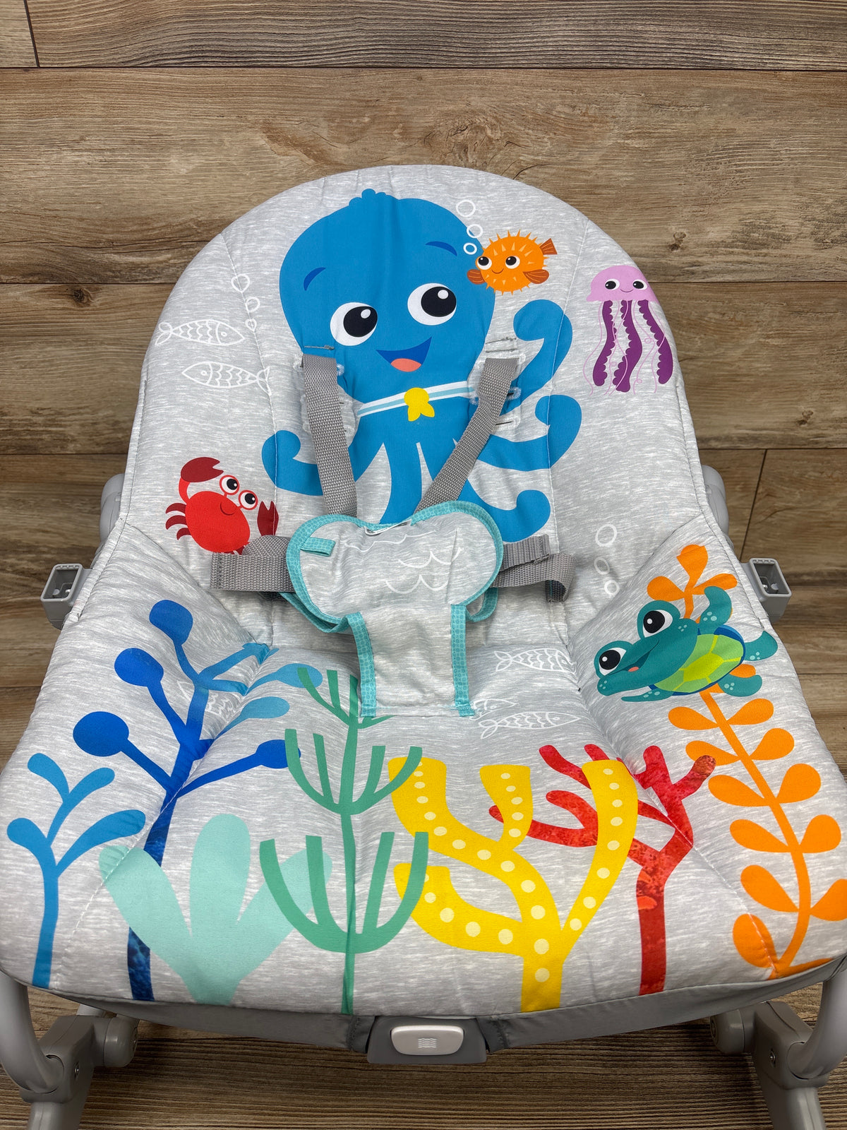 Front view of Baby Einstein Ocean Explorers Kick to It Opus rocker with ocean graphics and safety harness