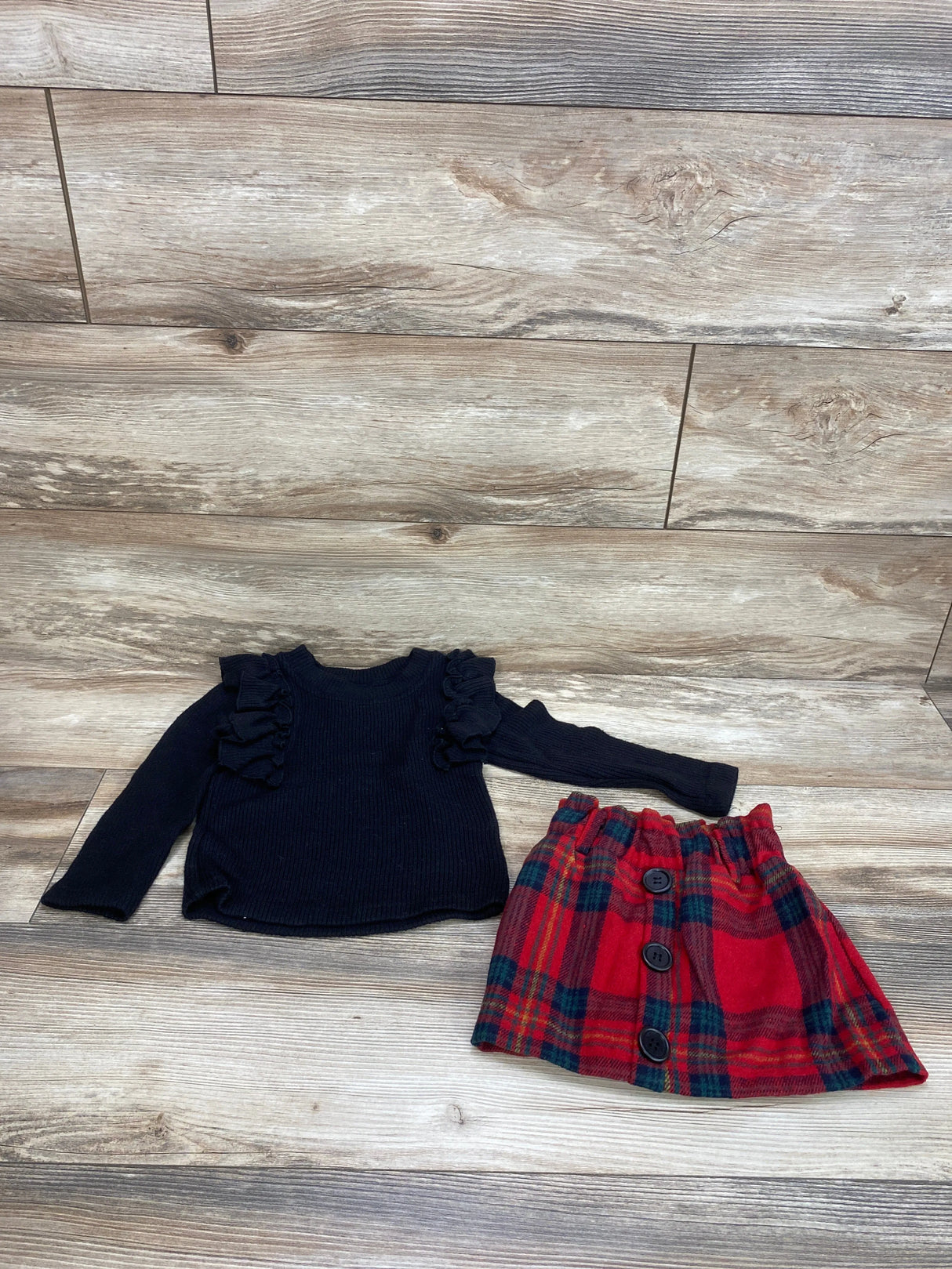 BMG 2pc Ruffle Sweater & Plaid Skirt Black sz 2-3T