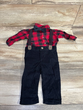 Red plaid toddler shirt with black bow tie and black corduroy pants with suspenders