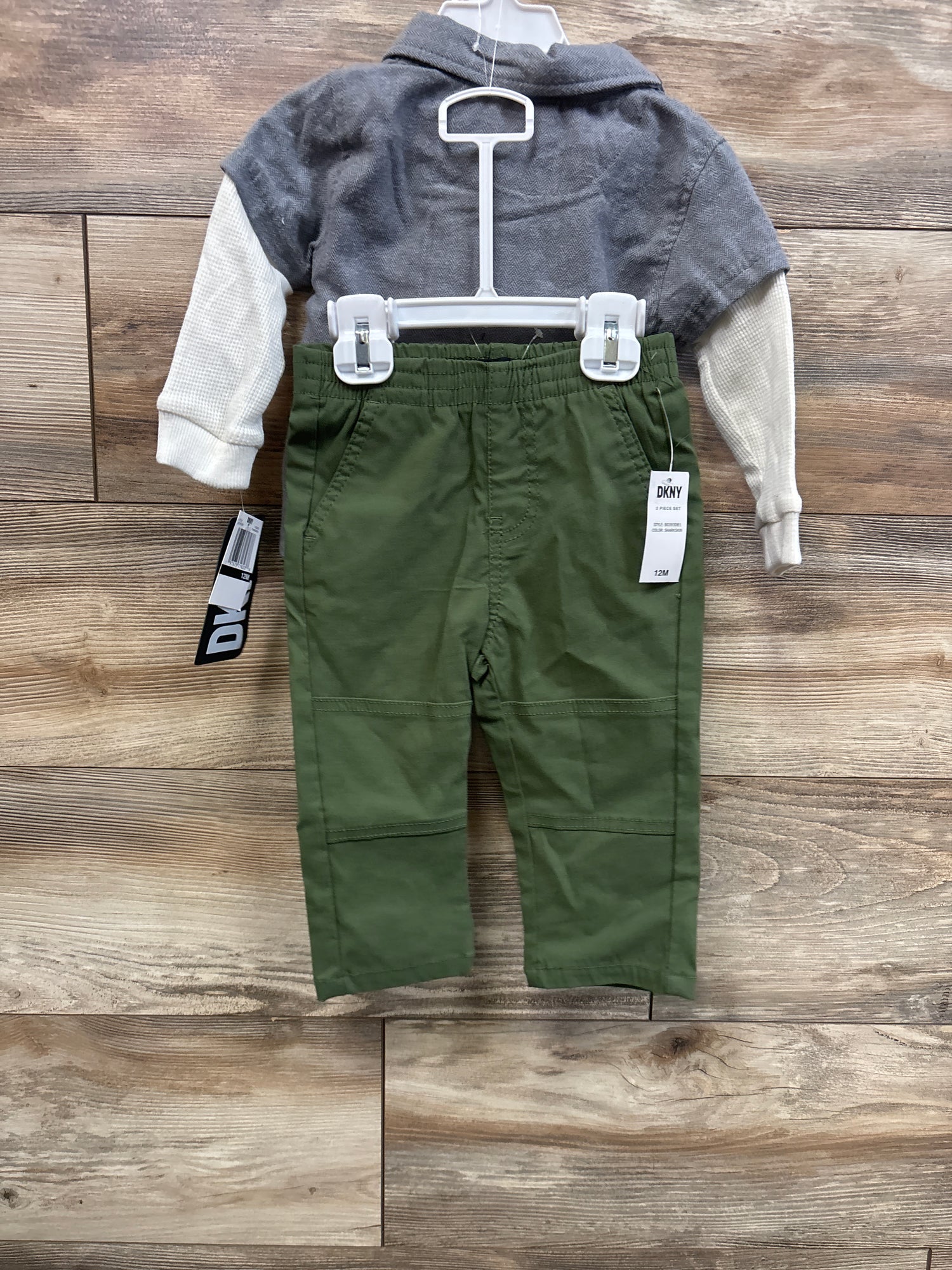 NEW DKNY 2pc Layered Sleeve Button-Up Shirt & Pants Set Grey sz 12m