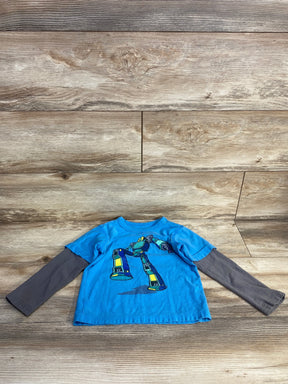Front flat lay of blue layered toddler tee with gray long sleeves and robot graphic, size 4T on wood background