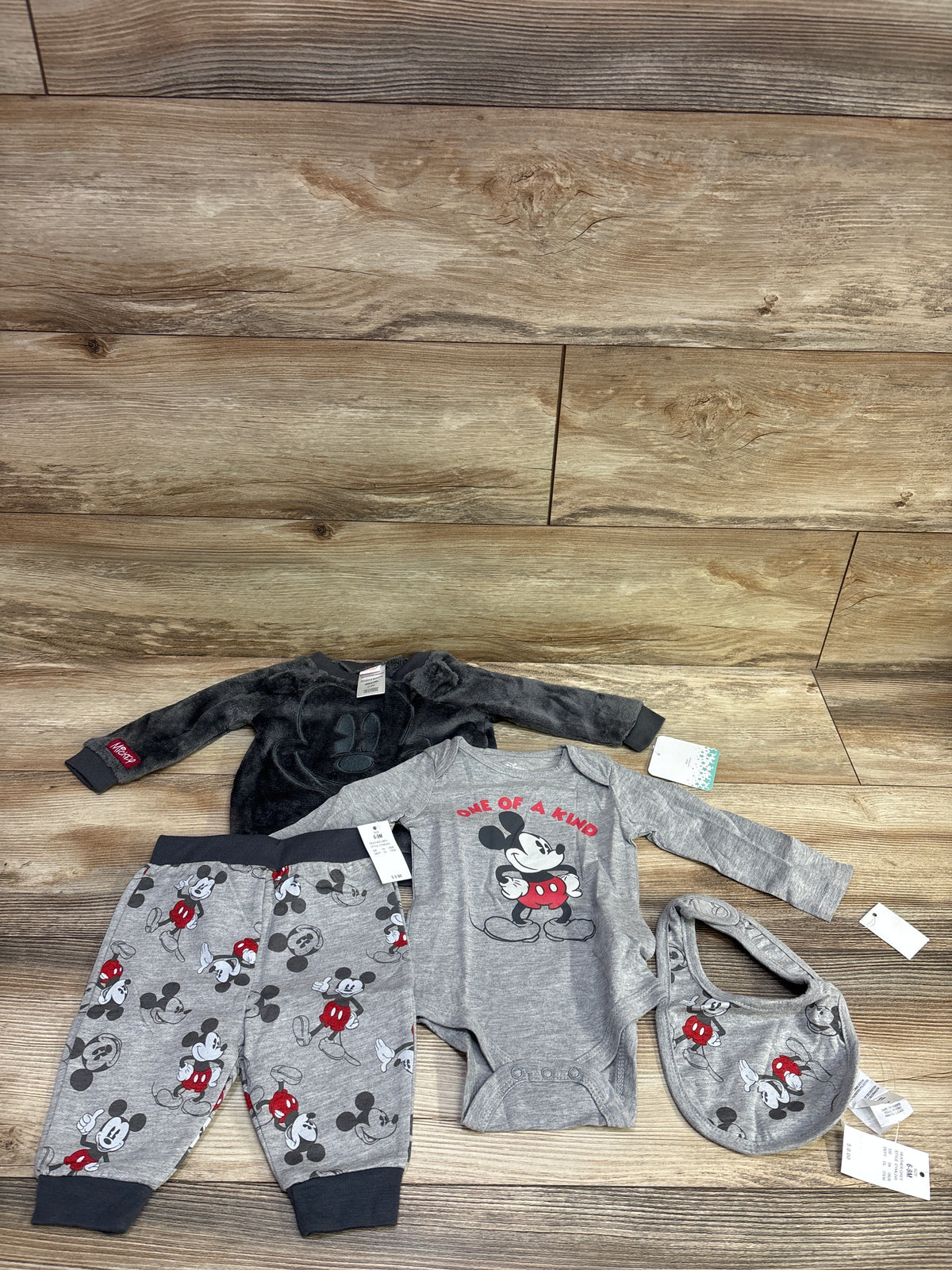 NEW Disney Baby 4pc Mickey Mouse Plush Sweatshirt Set Grey sz 6/9m