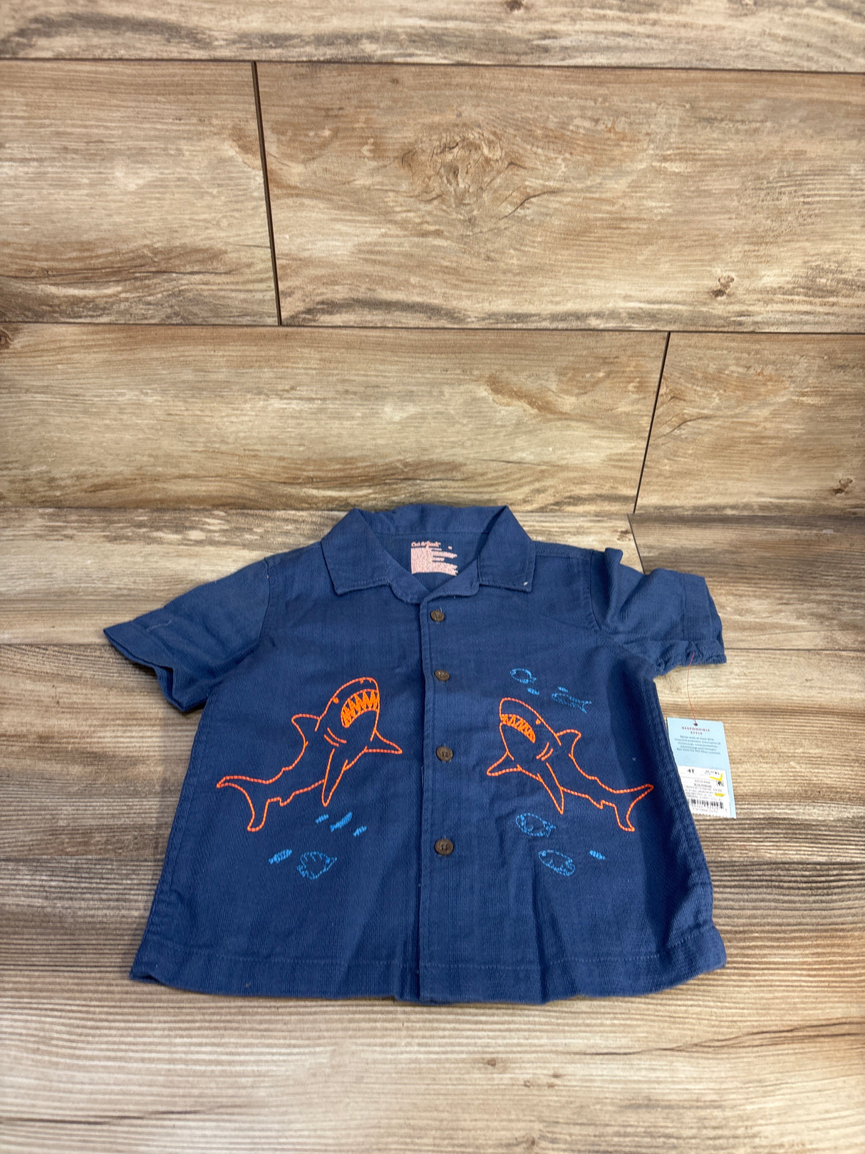 NEW Cat & Jack Embroidered Shark Button-Up Shirt Blue sz 4T