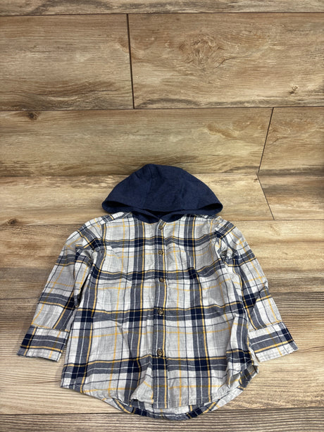 Carter's hooded button-up flannel shirt for toddlers in blue, grey, and yellow plaid.