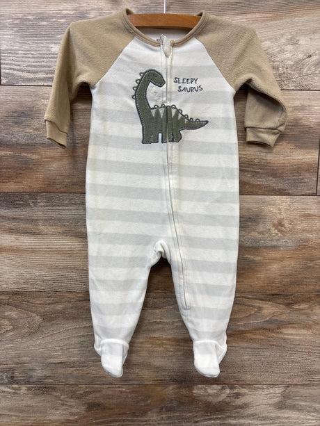 Front view of Kids Headquarters blanket sleeper showcasing beige sleeves, white and gray stripes, dinosaur applique, front zipper and attached feet with wood background