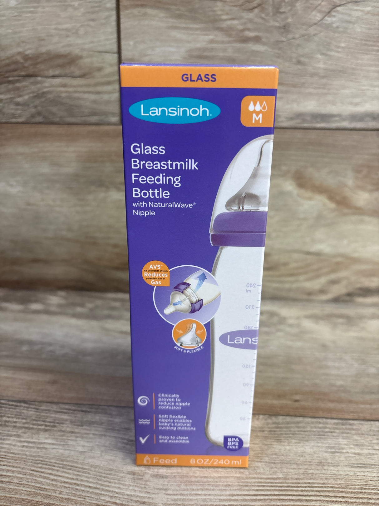 NEW Lansinoh Glass Breastmilk Feeding Bottle with Natural WaveNipple 8oz Medium Flow