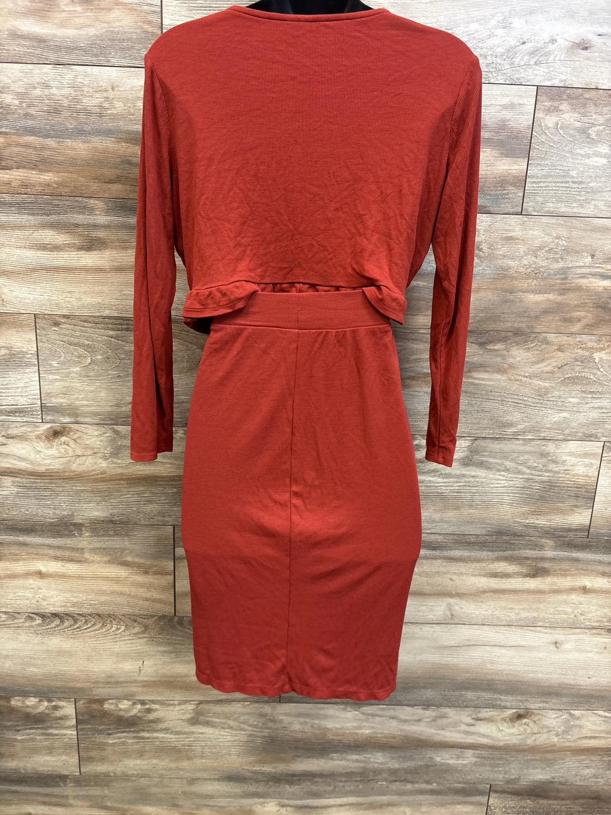 Front view of Isabel Maternity rust ribbed long sleeve top and skirt set in size Large with cropped top and wood-look background