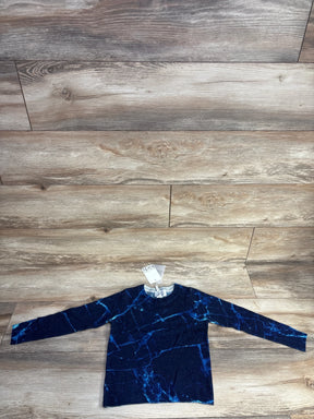 Navy blue kids sweater with electric blue vein-like pattern, laid flat on wooden floor