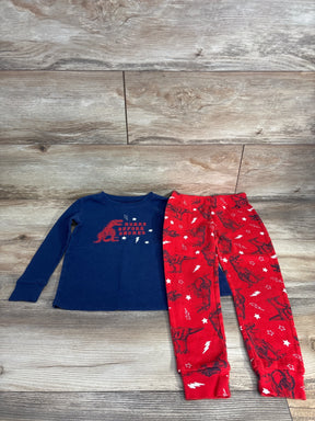 Kids dinosaur pajama set with blue long-sleeve top and red pants with dino pattern