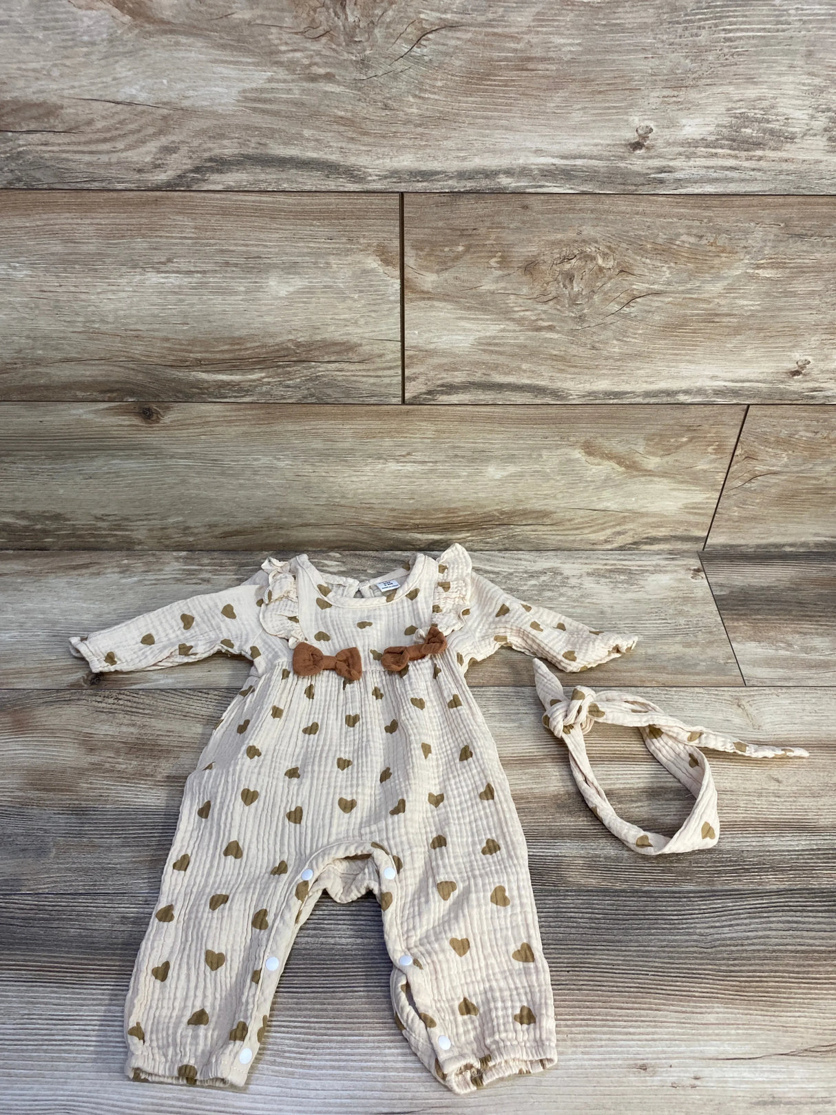 Shein 2pc Gauze Jumpsuit & Headband Set Beige sz 3-6m