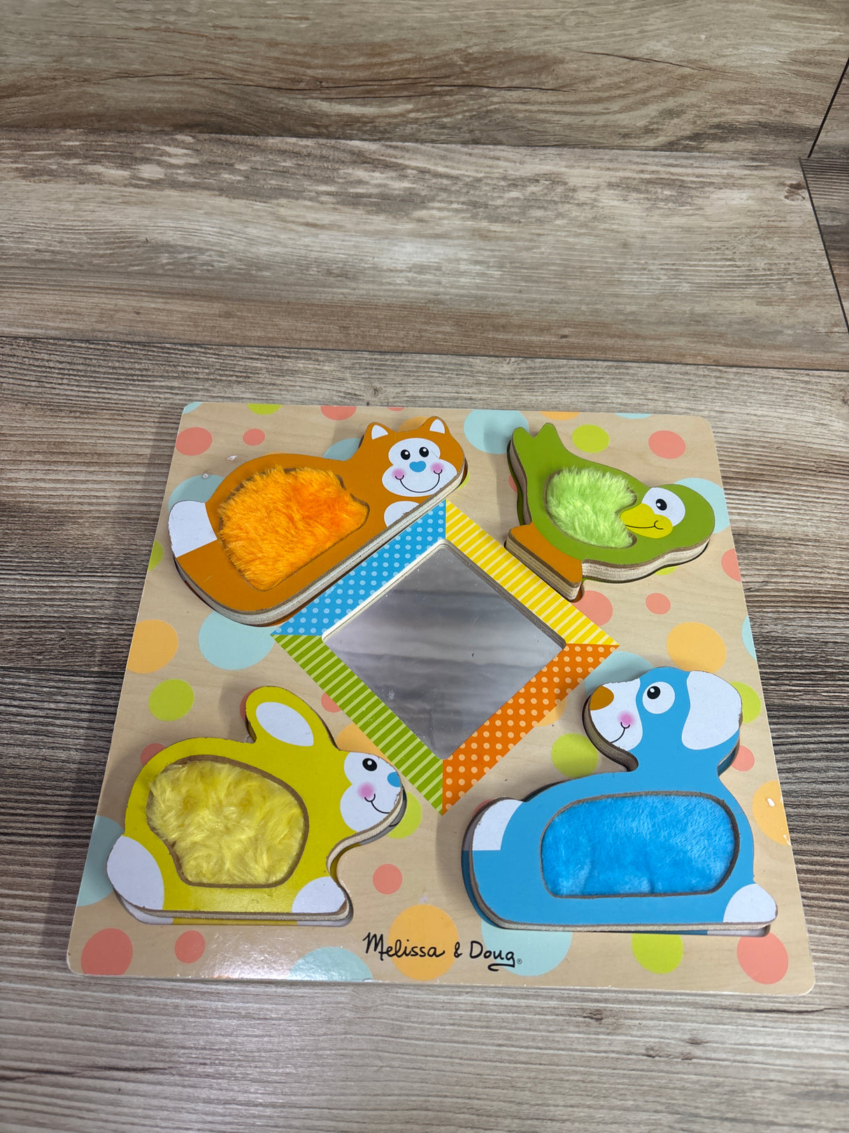 Melissa & Doug First Play Wooden Touch and Feel Puzzle Peek-a-Boo Pets With Mirror