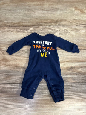 Navy baby onesie with 'Everyone is Thankful for Me' print, long sleeves, snap closures, perfect for Thanksgiving outfits.