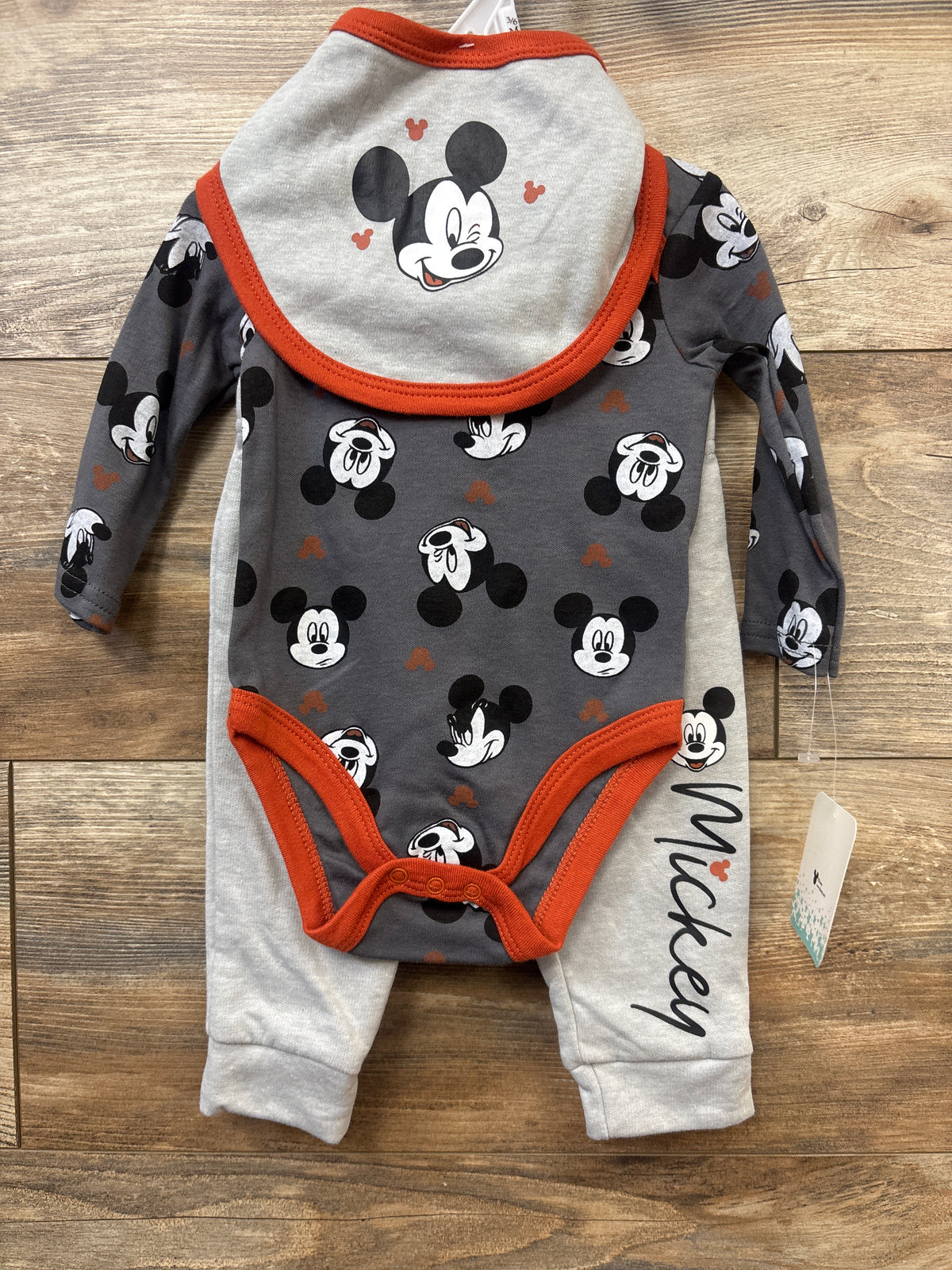 NEW Disney Baby 3pc Mickey Mouse Bodysuit, Pants, & Bib Set Grey sz 3/6m