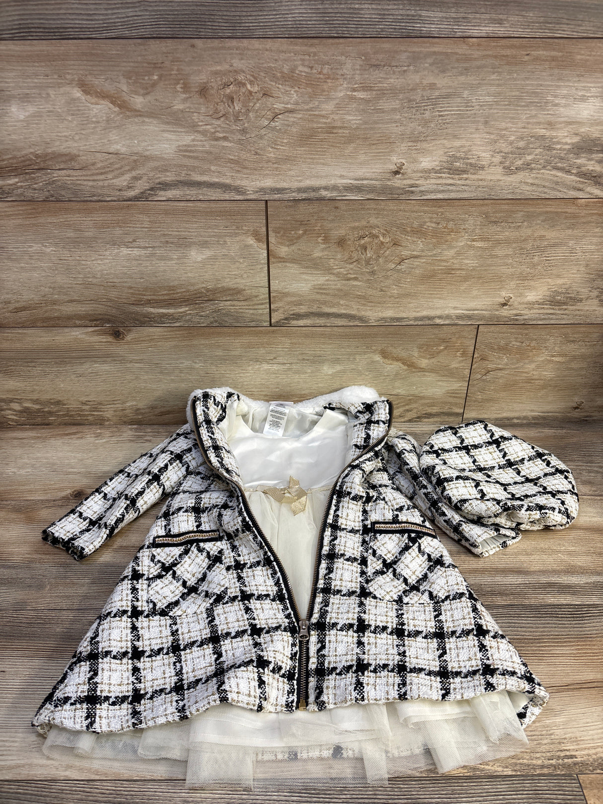 Blueberi Boulevard 3pc Plaid Boucle Coat, Tulle Dress, & Hat Set White sz 4T