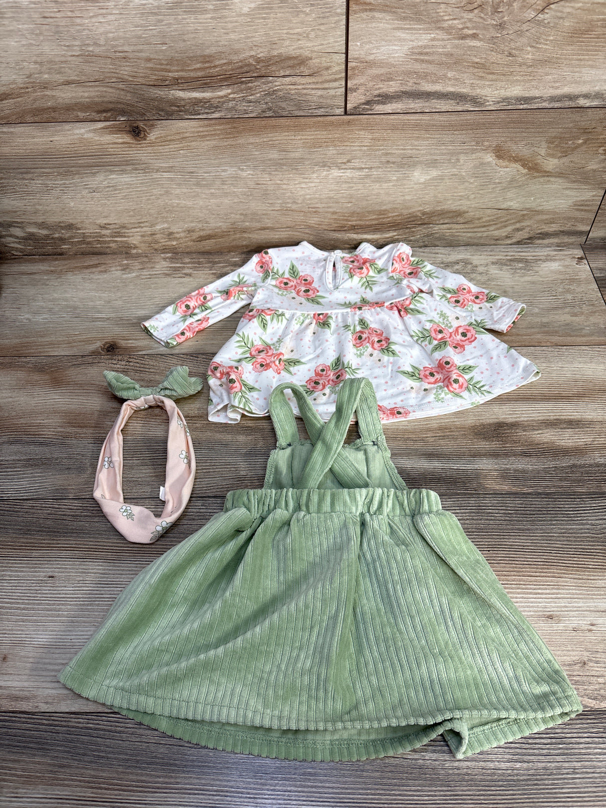 Just Lizzy 3pc Ribbed Overall Dress & Floral Shirt White sz 3m