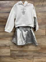 NEW DKNY 2pc Shine Like A Star Pull Over Hoodie & Metallic Skirt Set White sz 4T