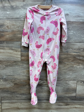 Front view of Carter’s pink 3T blanket sleeper with chicken print, front zipper, and covered feet on wood