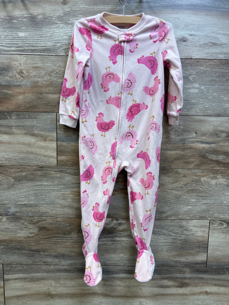 Front view of Carter’s pink 3T blanket sleeper with chicken print, front zipper, and covered feet on wood